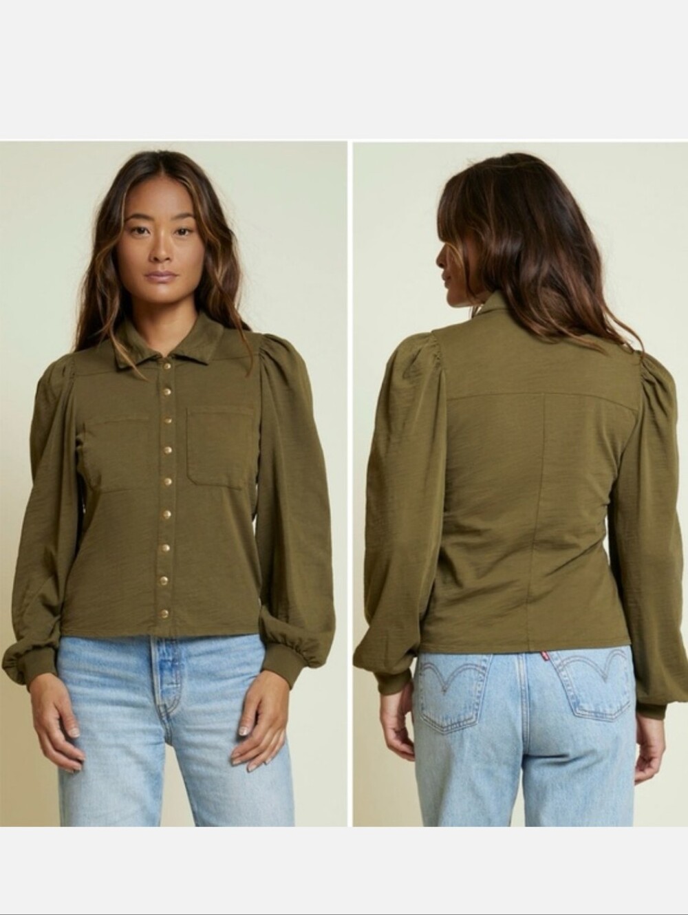Nation Ltd Desta Femme Top Women's S Olive Green Classic Collar Button Up Blouse